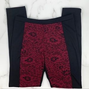 Mimi Chica Black and Burgundy Lace Pattern-Front Leggings